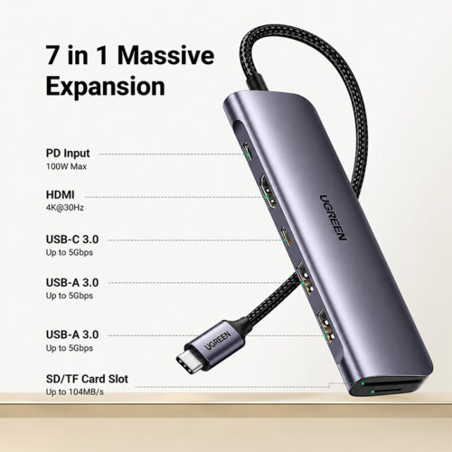 Hub Multipuerto Usb C 7 En 1 Hdmi 4k Usb 3.0 Sd 100w Ugreen Plateado