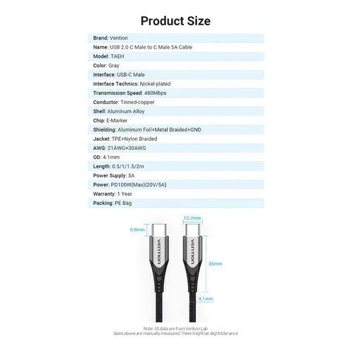 Cable Carga Y Datos USB-C a USB-C Vention TAEHG 1.5 m Negro - Imagen 6